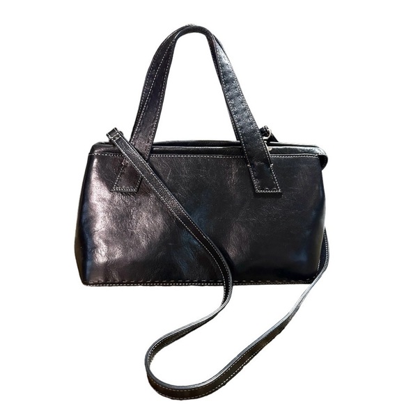 FOSSIL, BLACK LEATHER BAG/SHOULDER BAG. TOPSTITCH DETAIL, BOTTOM STUDS. - Picture 2 of 8